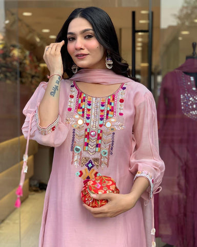 Blush Pink Kurta Set with Colorful Embroidered Yoke and Dupatta