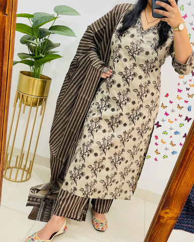 Premium Bagru Cotton Suit Set – Beige & Brown Handblock Floral Print | Kurti, Pant & Striped Dupatta
