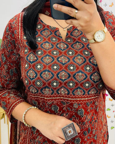 Crimson Red Ajrakh Inspired Printed Cotton Kurta Set with Dupatta