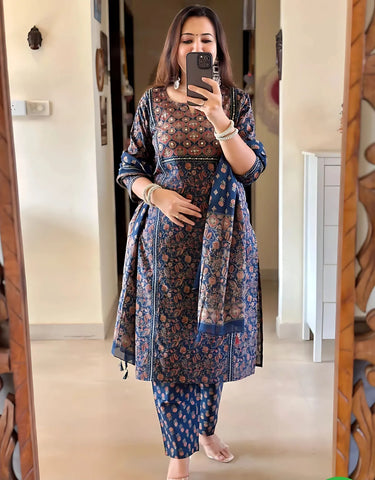 Midnight Indigo Printed Kurta Set with Elegant Dupatta